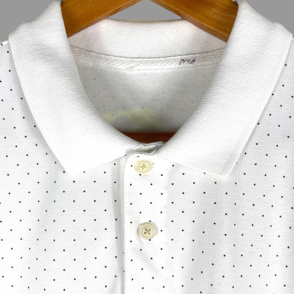 White w/ Black Dots Cotton Pique Short Sleeve Polo Shirt for Photo Shoot Medium